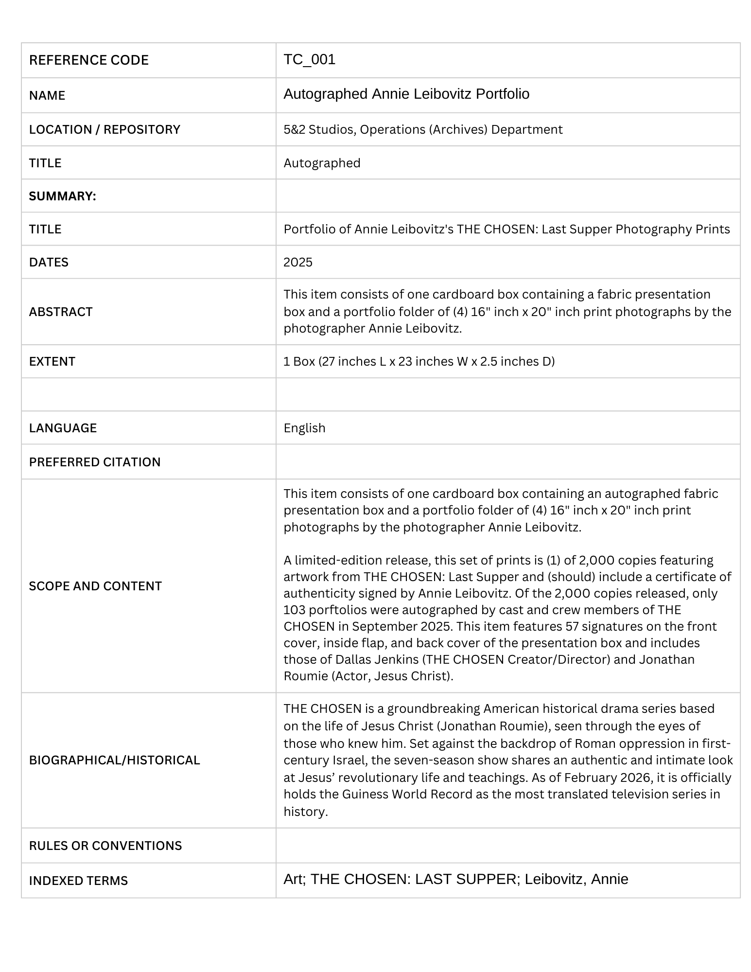 Portfolio of Annie Leibovitz's THE CHOSEN Last Supper Photography Prints